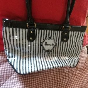 Harrods black white striped shoulder handbag
